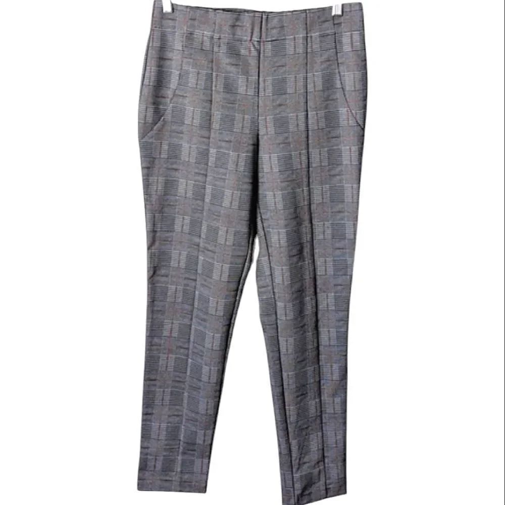 JONES & CO Grey Black High Rise Windowpane Plaid Stretch Trousers M 10 12 14